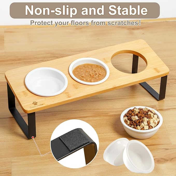 Sunhoo Elevated Cat Bowls for Indoor Cats Raised Tilted Food Water Kitty Dish Stand with 6 Ceramic Bowl Set Orthopedic Wooden Pet Feeder Feeding Sation Reduces Vomiting 4.7in Easy Assembly(Yellow)