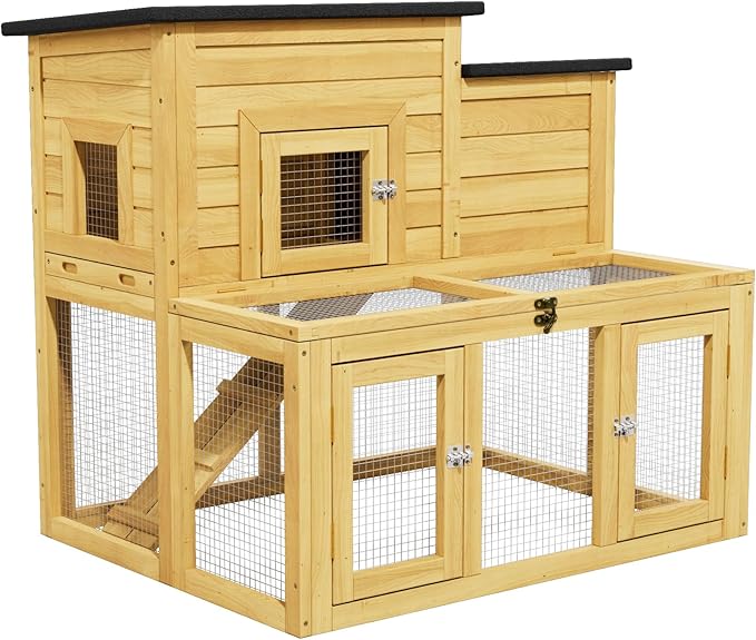 Outdoor Chicken coops for 2-4 Chickens Wooden with Waterproof Asphalt Roof, Ramp, and Multiple Doors Openable Top Pull-Out Tray Suitable for Outdoor Backyard (Yellow-Brown)