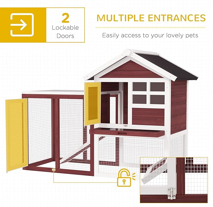 PawHut 48" Wooden Rabbit Hutch Bunny Cage with Waterproof Asphalt Roof, Fun Outdoor Run, Removable Tray and Ramp, Brown
