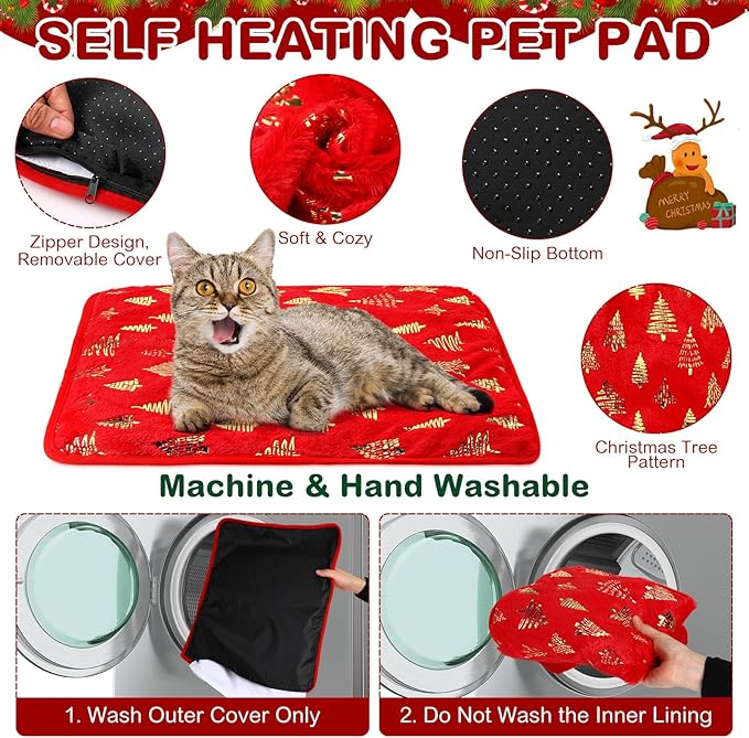 4 Pack Self Heating Cat Bed Cat Self Warming Pad with Removable Cover Extra Warm Thermal Pet Pad Washable Pet Crate Mat Anti Slip Kennel for Indoor Outdoor Pets (Christmas Tree,16 x 20 Inches)