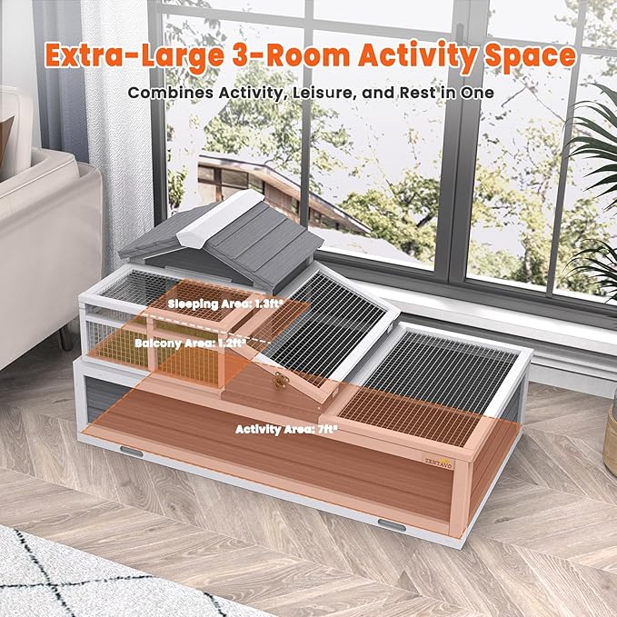 3-Room Large Tortoise Habitat with Pull-Out Tray, Wooden Reptile Enclosure Indoor & Outdoor with Ramp, Grass Mat, Openable Roof, Reptile Cage for Small Animals, Luxurious Tortoise House Villa, Gray