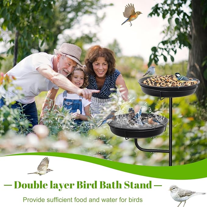 Freestanding Birdbaths Bowl Outdoor, Standing Garden Bird Bath Bird Feeder & Bird Bath Bowl, Detachable Decoration Spa Birdfeeder for Garden Patio Yard Lawn, 4 Spiky Metal Stake (Black)