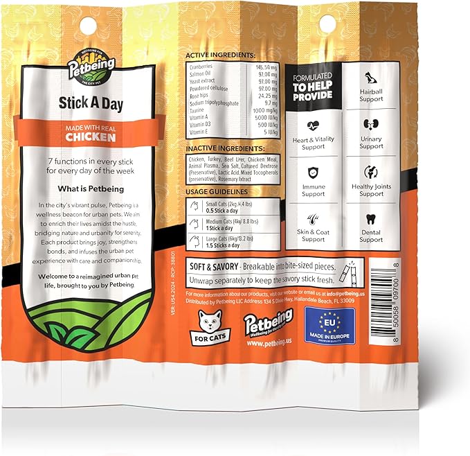 Stick a Day | Specially Formulated 7-in-1 Functions Daily Real Meat Supplement for Cats | Cat Chew Stick & Pet Vitamins Supplements Combination (7-Pack x 4, Chicken)