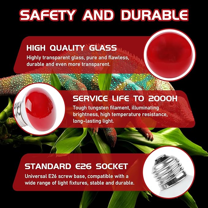 Infrared Reptile Heat Lamp, UVA Red Heat Light Bulb 40W, 2 Pack Reptile Heat Bulb, Infrared Basking Spot Light for Snake, Leopard Gecko, Turtle, Lizard