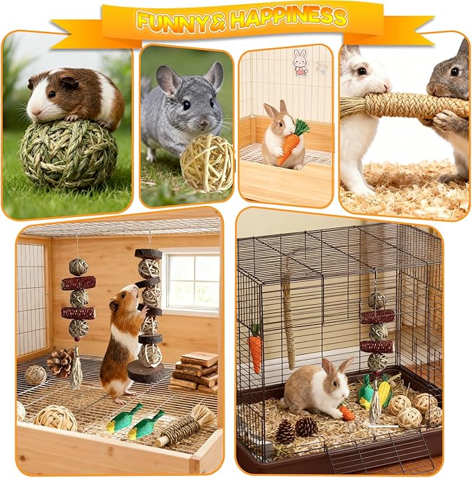 Rabbit Toys Bunny chew/Guinea Pig Toys Natural Timothy Hay Sticks Apple Wood Sticks Handmade for Guinea Pig Hamster Rat Chinchilla (TOY-1-11)