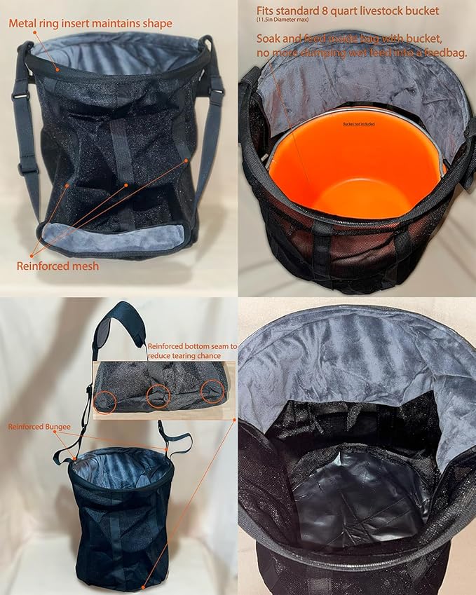 Reinforced Horse Mesh Feed Bag, Adjustable Strap, Padded Nose, Heavy Duty Horse Feed Bag, Reinforced Bottom Stitching, Holds 8qt Grain Bucket, no Mess, soak Feed in Bag, Horse Feed Bag