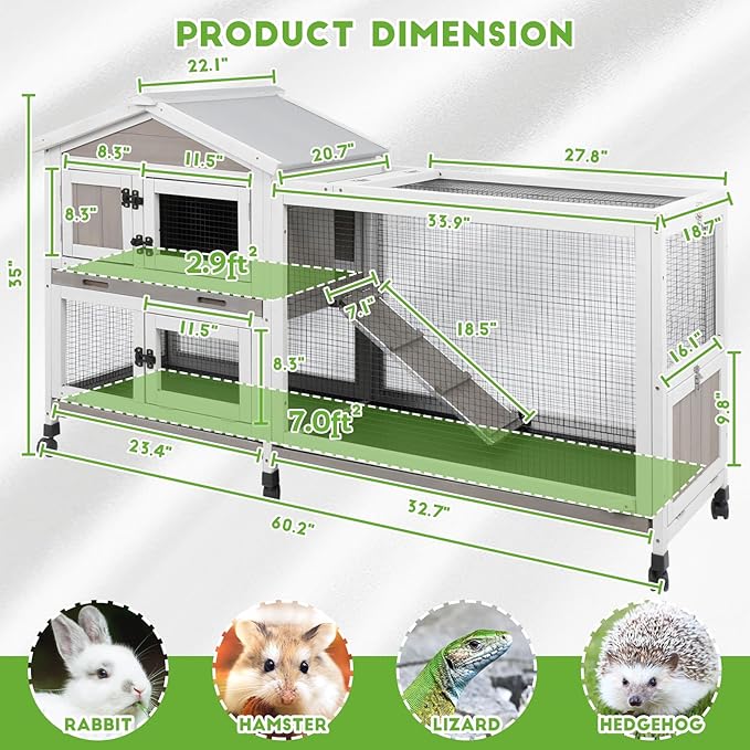 60” Large Rabbit Hutch Outdoor with 6 Wheels, Wooden Expandable 2 Story Indoor Rabbit Cage Bunny House with Run, Waterproof Roof, 3 Pull Out Trays, Guinea Pig Cage for Small to Medium Pets