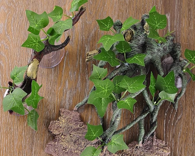 IBWell Resin Reptile Corner Branch Terrarium Plant Decoration with Suction Cup for Amphibian Lizard Snake Climbing Ornament