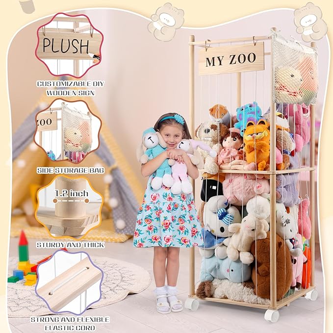 Stuffed Animal Storage Zoo with Wheels, Wooden Stuffed Animal Organizer with Elastic Cords, Space Saving Toy Plushies Storage Holder for Playroom, Bedroom, Living Room(Burlywood, Large)