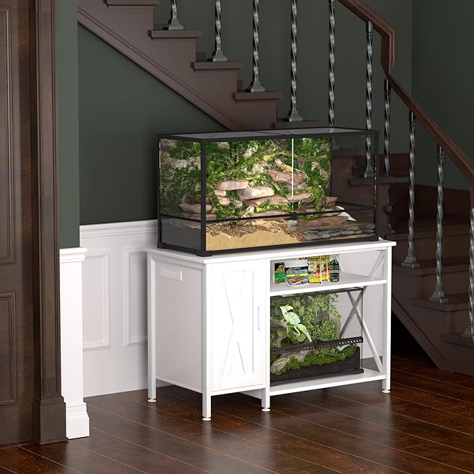 40-120 Gallon Reptile Tank Stand with Power Outlet, Terrarium Stand with Storage Cabinet, 48" X 24" Tabletop, Reptile Terrarium,Turtle Tank White PG08XYW