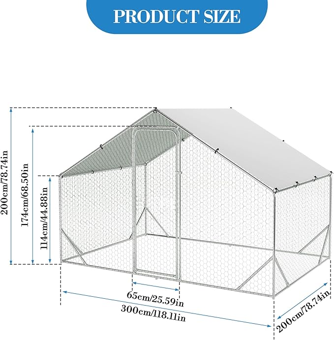 Large Metal Chicken Coop Run,Outdoor Walk-in Cage Peak Hen House with Waterproof and Anti-Uv Cover,Spire Roof Hen House with Security Lock for Outdoor,Backyard and Farm, 9.8 x 6.5 x 6.5 ft