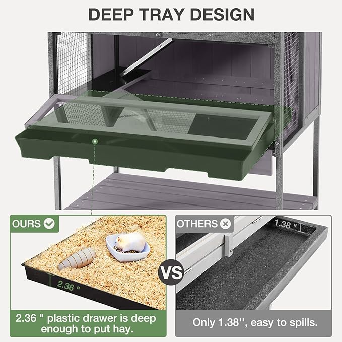 Guinea Pig Cage, Moveable Metal Frame Hamster Cage Anti-Chewing with Aluminium Alloy Edge, Hideouts, Ramps, Seesaws Chewing Toy, Deeper Pull-Out Leakproof Tray for Indoor Outdoor(Grey)