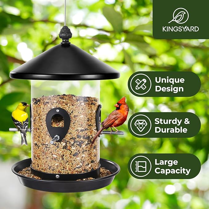 Kingsyard 4.5 lbs Large Metal Bird Feeders for Outdoors Hanging with 8 Ports, Tube Bird Feeder with Seed Tray, Weatherproof Squirrel Proof Roof for Cardinal Finch, Black