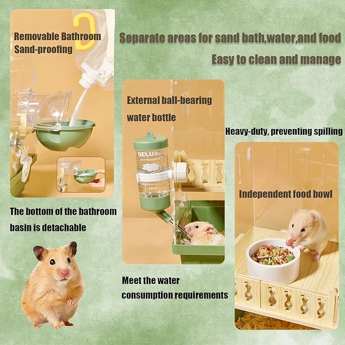 Acrylic Hamster Cage,Small Animal Houses&Habitats with Accessories,Hamster Enclosure with Stairs,Clear Pet Mice House,For Dwarf Gerbil,Dwarf Hamster,Pet Mice(Green,13.78"L*10.23"W*10.83"H)