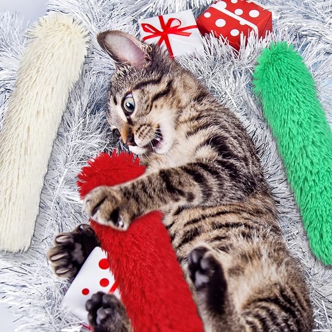 Civaner 6 Pcs Christmas Cat Catnip Toy for Indoor Cat 10.6 Inch Kitten Kicker Stick Catnip Toy with Crinkle Sound Inside Interactive Red Green White Plush Kitten Pillow for Chew Exercise