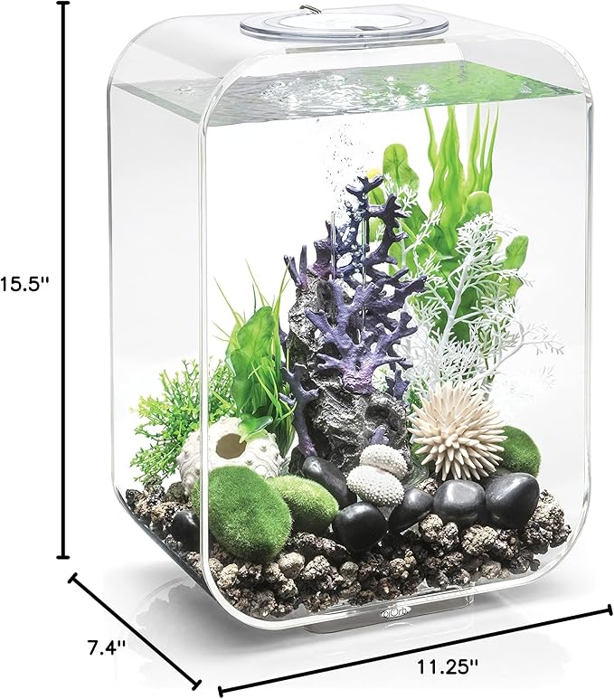 biOrb Life 15 Acrylic 4-Gallon Aquarium with White LED Lights Modern Compact Tank for Tabletop or Desktop Display, Transparent