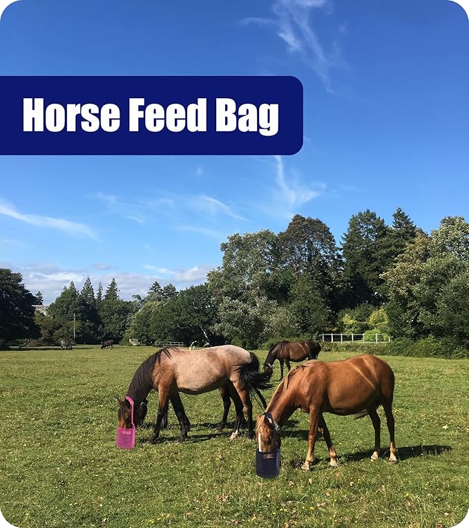 Horse Feed Bag for Grain - Heavy Duty Mesh Horse Feeder with Adjustable Strap,Comfort Neck Pad,Nose Pad Horse Muzzle Feed Bag(Medium,2PCSblue)
