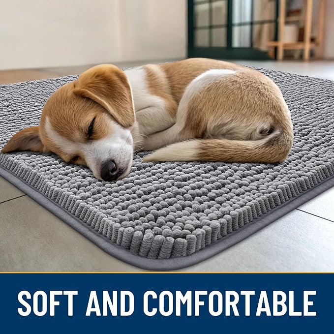 Smiry Dog Door Mat for Muddy Paws 44x32, Absorbs Moisture and Dirt Doormat, Non-Slip Washable Quick Dry Chenille Front Door Mat Indoor Entrance, Entryway Carpet for Inside Floor, Grey