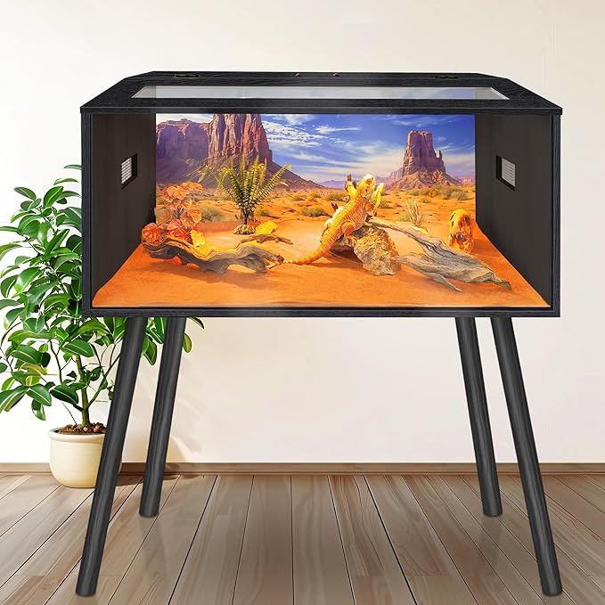 Prolee 36 Gallon Reptile Tank, Tempered Glass Bearded Dragon Tank with Wooden Roof and Lockable Doors, Large Lizard Habitat for Snakes, Iguanas, Chameleons (Black)