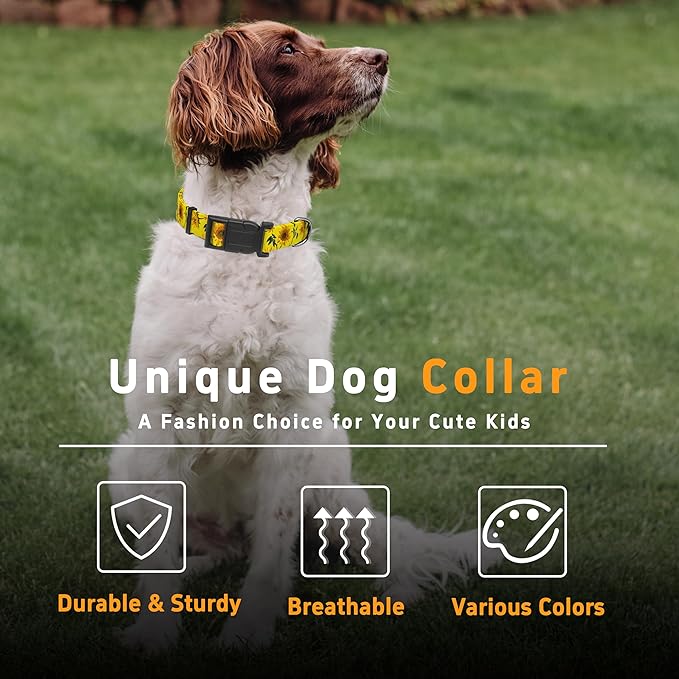 Dog Collar, Floral Puppy Collar for Small Medium Large Dogs, Adjustable Soft Sunflower Pet Collar With Safety Buckle for Males Females (Yellow, L)
