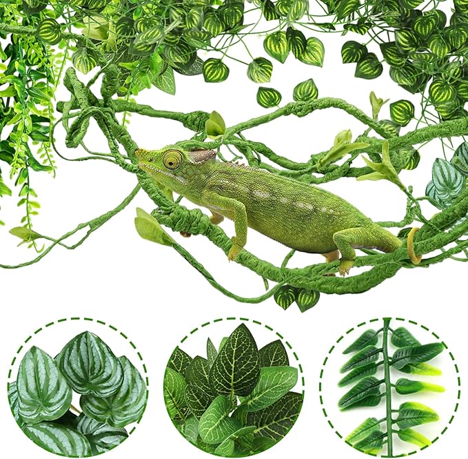 Bearded Dragon Tank Accessories for Habitat, Terrarium Hanging Plants Artificial Leaves Reptile Hide, Leopard Gecko Tank Accessories Hide Terrarium Decor for Lizard Geckos Chameleon Snake