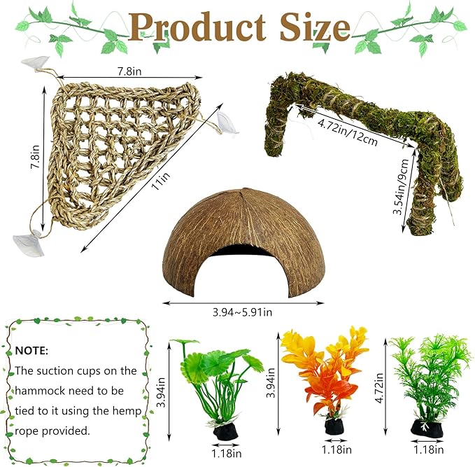 6 PCS Hermit Crab Accessories Set Small Bendable Moss Hermit Crab Climbing Toys Coconut Shell Hut Climbing Hammock with Suction Cup Plastic Plants for Reptile Amphibian