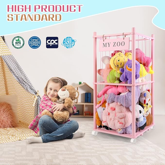 Stuffed Animal Storage Zoo with Wheels, Wooden Stuffed Animal Organizer with Elastic Cords, Space Saving Toy Plushies Storage Holder for Playroom, Bedroom, Living Room(Pink, Small)