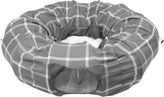 Kitty City Large Cat Tunnel Bed, 2-in-1 Zip-Together Cat Play Tunnel & Plush Nap Bed, Pop-Up Indoor Cat Toy with Hanging Toys, Collapsible Design - Grey