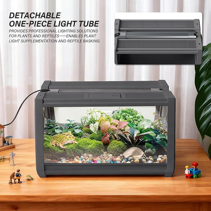 Reptile Terrarium,Anti-Breakage Lizard Cage, High-Transparency Viewing Window,Dual-Side Escape-Proof Doors,Integrated Lighting,Ideal for Mini Gecko,Insect,Tarantula,Frog，Gray
