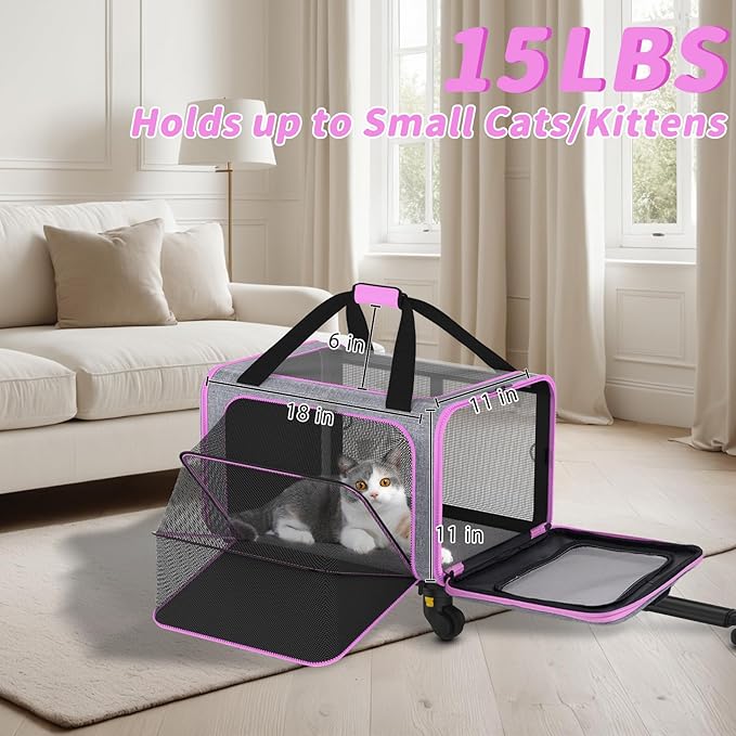 Pet Carrier with Detachable Wheels, TSA Airline Approved Rolling Cat Carrier for Small Dogs and Cats up to 15Lbs, Sturdy Frame & Smooth 360° Wheels for Travel & Vet - 18" L x 11" W x 11"