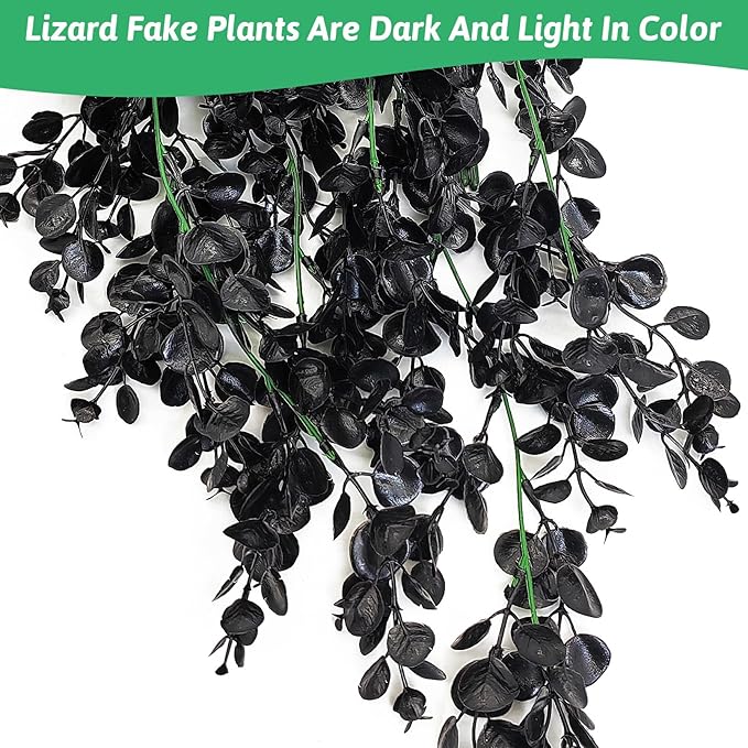 Hamiledyi Reptile Plants, 2 Pack Hanging Terrarium Plants, Artificial Leaves Habitat Decorations with Suction Cup, Fake Amphibian Plants for Bearded Dragon Lizard Hermit Crab Geckos Chameleon(Black)