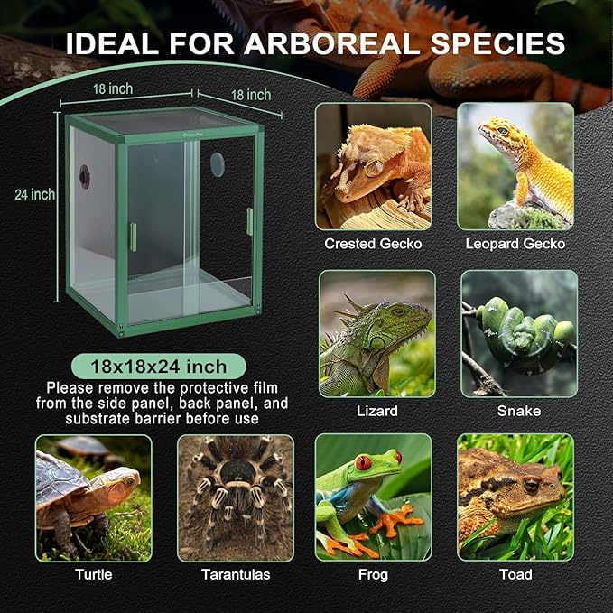 30 Gallon Reptile Terrarium, 18x18x24 inch PVC Reptile Tank, Lightweight Arboreal Enclosure for Gecko Snake Frog Chameleon Lizard, Sliding Door, Top Screen Ventilation