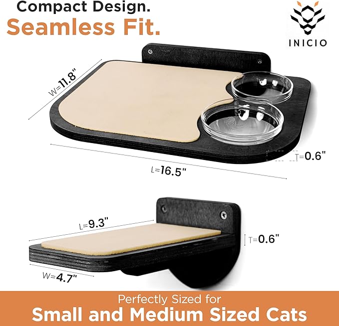 INICIO Cat Shelves – Dog Proof Feeding Station with Wall Mounted Shelves, 3 Steps for wall with Floating Shelf for Cats Up to 15lbs, Includes Cat Food Bowls for Convenient Feeding – Black