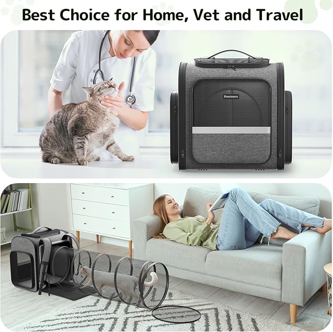 Pawtners Cat Carrier Backpacks with Play Tunnel, Expandable Cat Backpack with Breathable Mesh, Pet Carrier Backpack for Small Cats Dogs Up to 18 Lbs, Dog Backpack for Travel Hiking Camping Outdoor