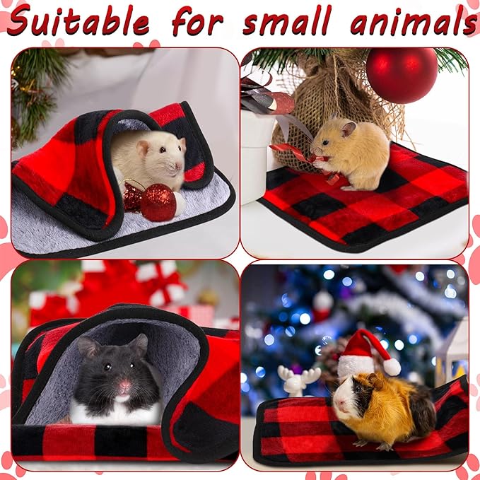 Reginary 4 Pcs Waterproof Guinea Pig Blankets Washable Small Animal Fleece Bedding Absorbent Guinea Pig Cage Liners Reusable Pet Pee Pad Sleep Mat for Hamster Ferret (Christmas Plaid,12 x 12 Inch)