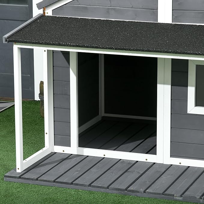 PawHut Outdoor Dog House Cabin Style, Wooden Raised Pet Kennel with Asphalt Roof, Front Door, Side Window, Porch for Medium and Large Dogs, Gray