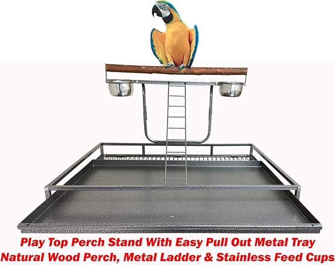 X-Large 32" Lx23 Wx69 H Deluxe Wrought Iron Bird Parrot Cage Top Play Ground Walk Ladder Stainless Cups Include Seed Guard Large Storage Shelf Heavy Duty Rolling Lockable Wheels
