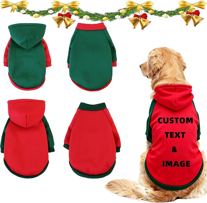 Custom Dog Hoodie, Personalized Sweatshirt with Photo Text Name Logo, Customized Hooded Sweater for Small Medium Large Dogs & Cats (Red + Green Border, Large)
