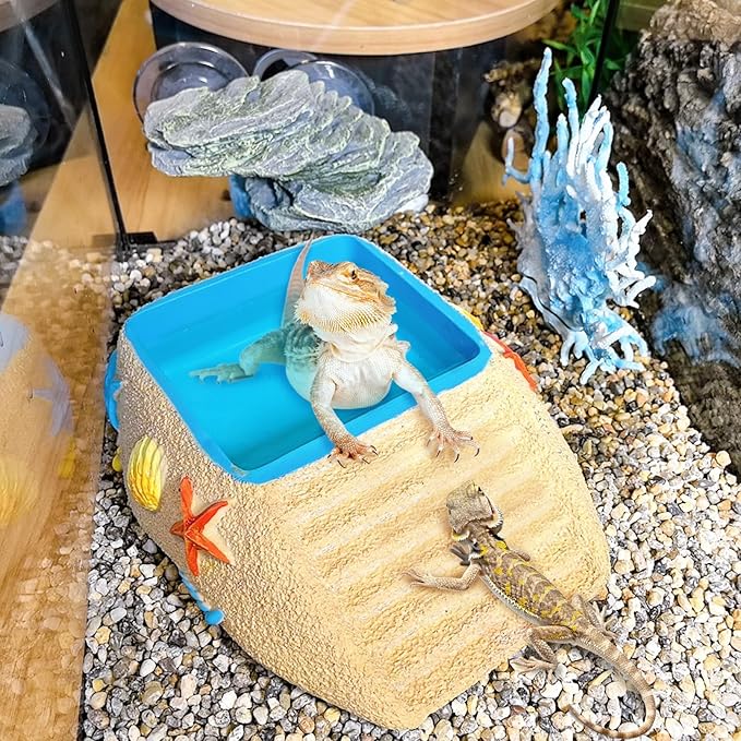 Tortoise Water Bowl,Reptile Water Dish,Resin Bearded Dragon Feeding Bowl with Ramp, Hermit Crab Bathing Pool, Lizard Food Dish Terrarium Decor for Turtle,Gecko,Chameleon,Frog(L)