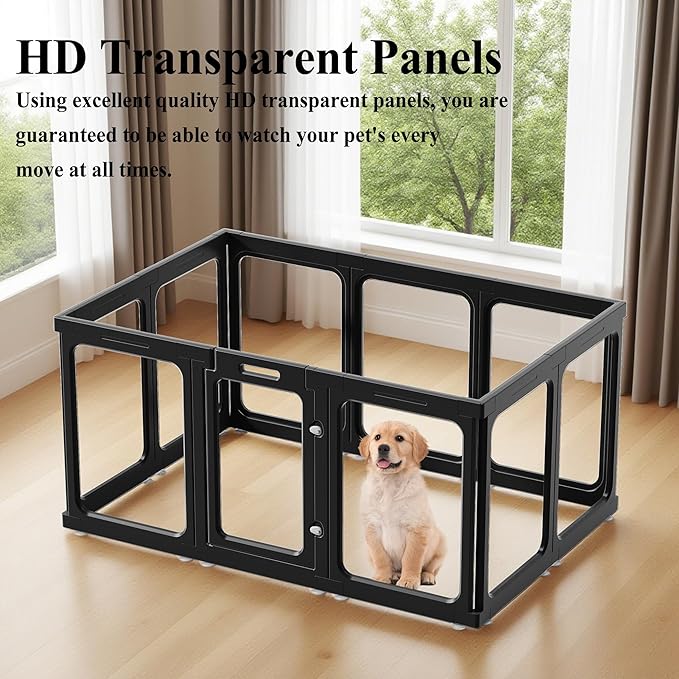 Clear Acrylic Dog Playpen with Door, for Puppy Rabbit Transparent Pet Pen, Black Dog Playpen Indoor, Dog Fence, Easy Assemble & Cleaning Dog Pen for Small & Medium Dogs (23.6“ Height, 10PCS)