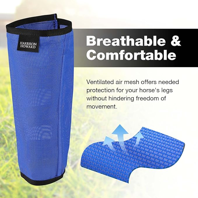 Harrison Howard Loose-Fitting Horse Fly Leggings Breathable, Tear-Resistant Fine Mesh Leg Guards Stay-on Comfortable Fly Boots (Set of 4) Blue Small