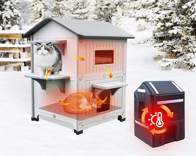 Rockever Plastic Outdoor Cat House with Insulated Liner, 100% Insulated Outdoor Cat Houses for Winter, Waterproof 2 Story Outside Cat Shelter, Clean and Assemble Easily-White