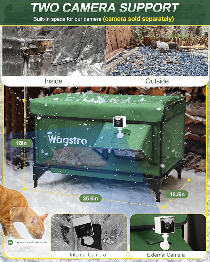 Heated Cat House for Outside, Insulated Weatherproof Heated Outdoor Cat House with Waterproof Eaves & Escape Door, Elevated Outdoor Cat Shelter for Feral Stray Cat (Green, 25.6"x16.5"x18")