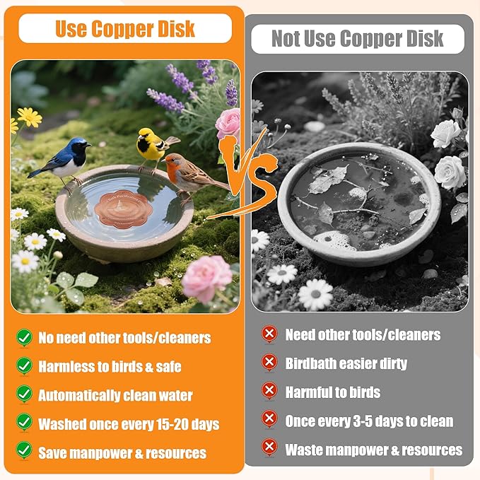 1P 4inches Bird Bath Purification Disk, 99.99% Pure Copper Bird Bath Disc Safe Birdbath Cleaner Disks for Outdoor All-Season Use 0.6mm Birdbaths Copper Disk with 3 Point Support