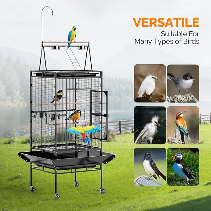 VINGLI Bird Cage, 83 Inch Wrought Iron Bird Cage with Play Top, Rolling Parakeet Cage for Cockatiels Lovebird Finches Canaries