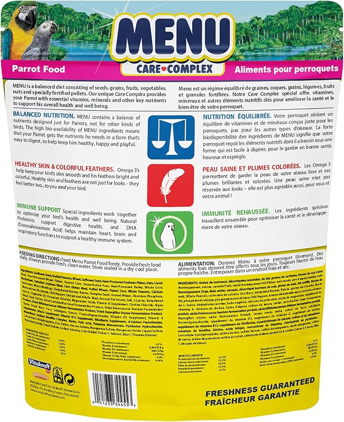 Vitakraft Menu Premium Parrot Food - Vitamin-Fortified - Macaw, Amazon, Conure, and Parrot Food for Large Birds