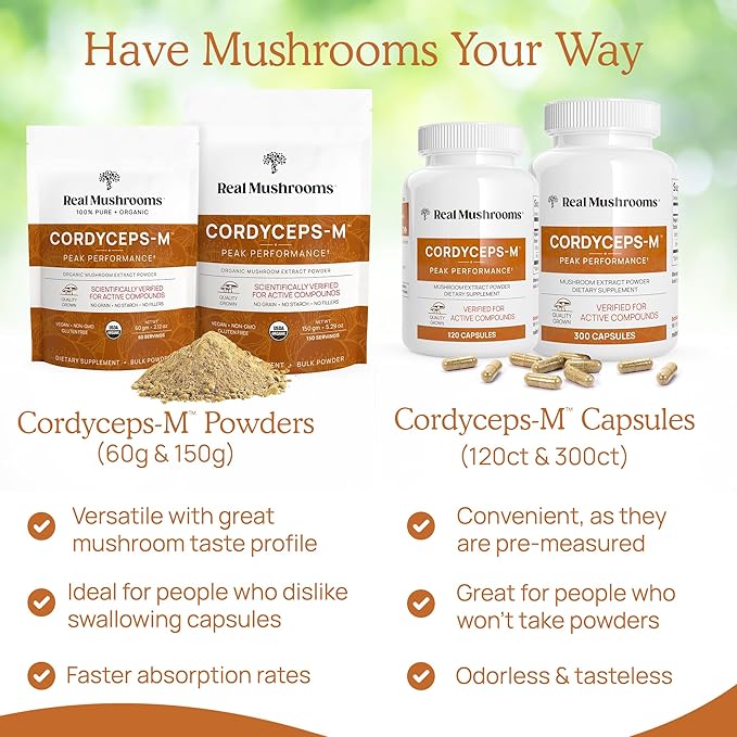 Real Mushrooms Capsules Supplements - Organic Cordyceps Mushroom Powder in Capsules - Energy and Performance Mushrooms with Verified Beta Glucans - Vegan, Non-GMO, 300 Capsules