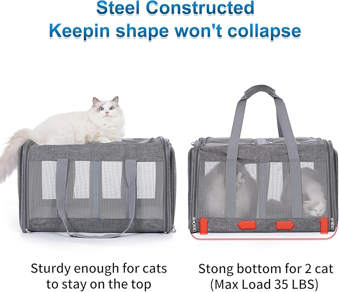 Large Cat Carrier for 2 Cats with Removable Soft Pad(43.3 x 17x 13Inches), Collapsible&Expandable Pet Carrier for Large Cats and Small Dogs 35 LBS,Breathable Mesh Top,Safety Harness