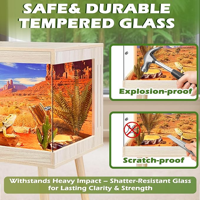 Royxen Tempered Glass Bearded Dragon Tank,24 Gallon Reptile Tank with Leg Stand,Built-in Lighting Reptile Enclosure Scartch-Proof Bearded Dragon Encloure for Chameleon,Snake,Lizard(Oak,24"x 16"x 16")