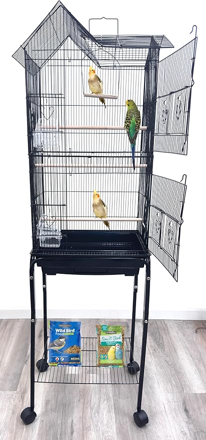 63" Roof Top Bird Flight Parrot Pet House Home Cage with Removable Rolling Stand for Cockatiel Sun Conure Parakeet Finch Budgie Lovebird Canary